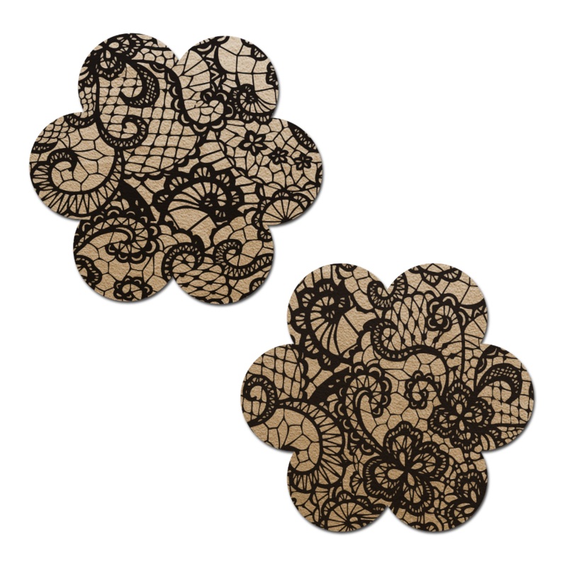 Daisy: Light Nude with Black Lace Flower Nipple Pasties by Pastease o/s Creme