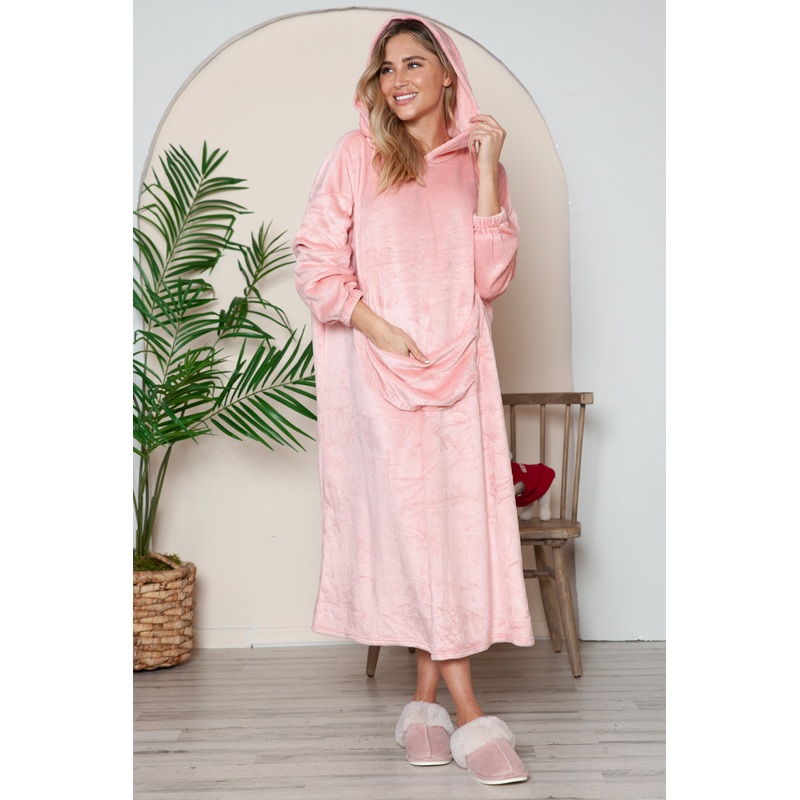 Double Take Full Size Pocketed Hooded Midi Lounge Dress Dusty Pink S/M