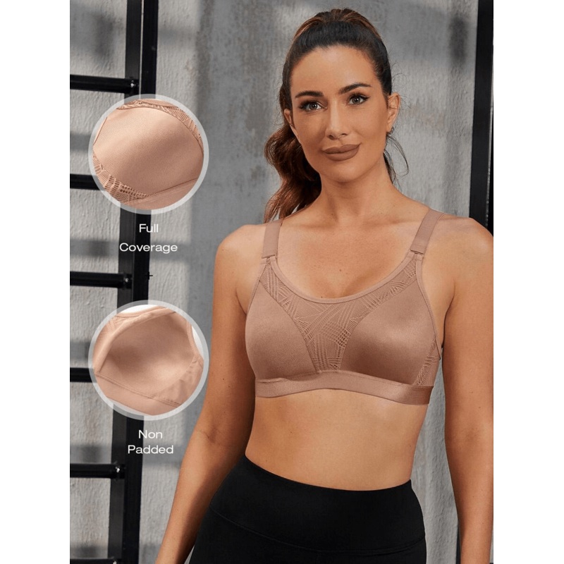 Wireless Full Coverage Workout Bra No Padded Plus Size Cross Back Exercise Sports Bra Milk Coffee 34DDD/75F