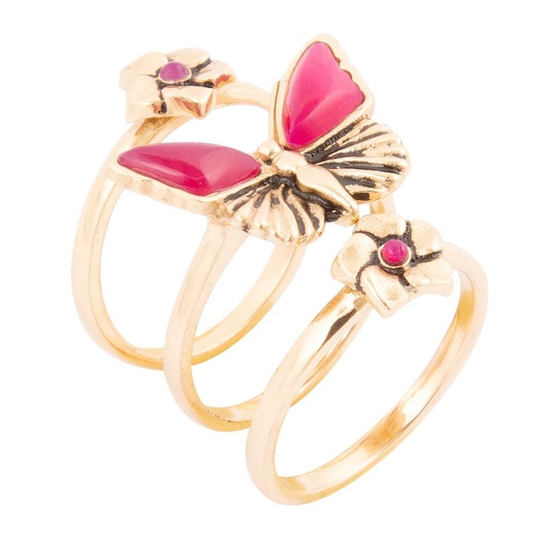 Pink Fuchsia Agate Golden Butterflies Triple Ring Set 7