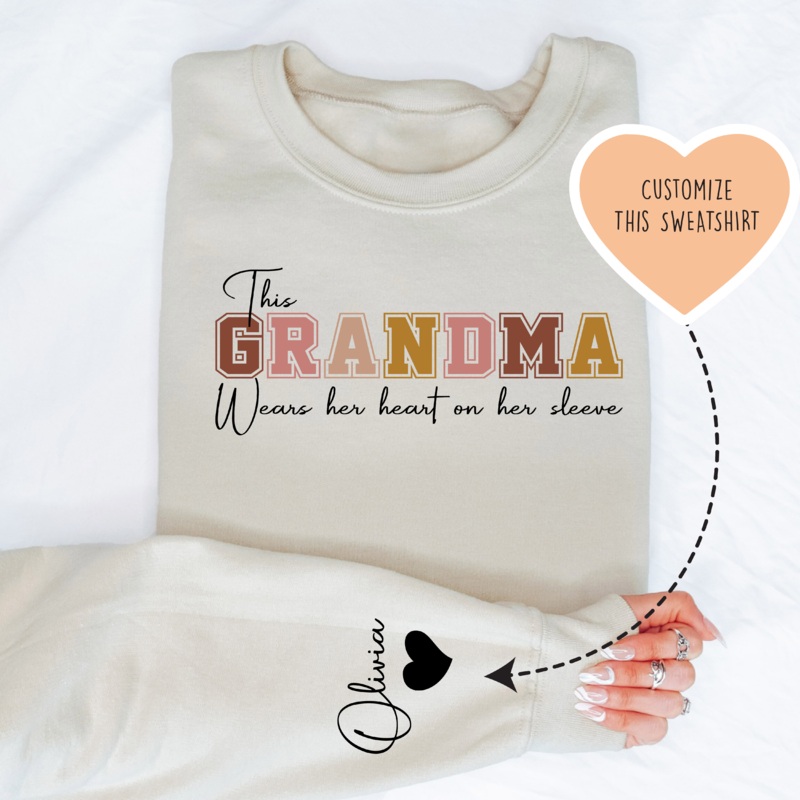 This Grandma Wears Her Heart On Her Sleeve Custom Sweatshirt Sand S