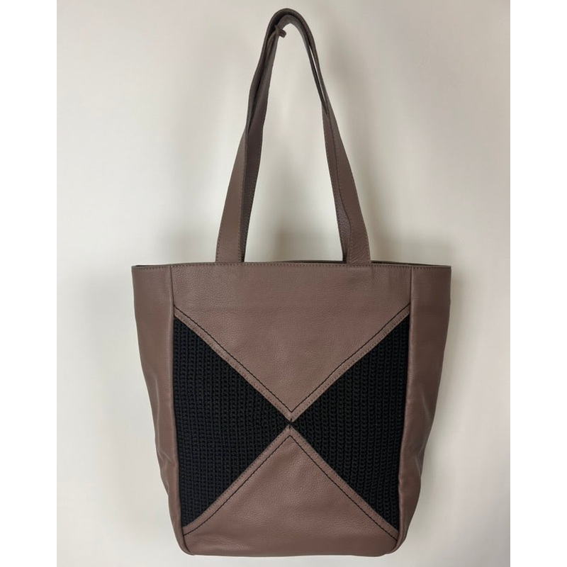 Brown Leather Crochet Tote Bag