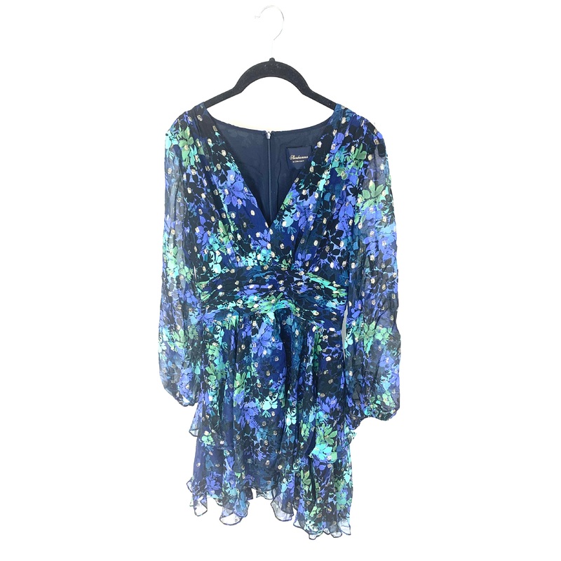 Dark Blue, Green, and Gold Floral Cocktail Dress – Size 4/6