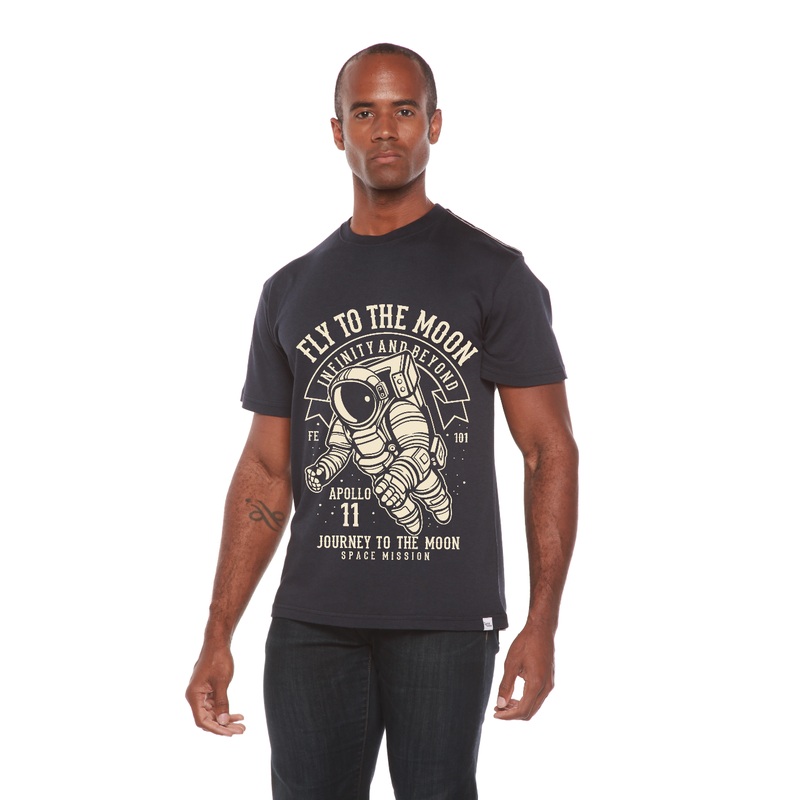 Fly To The Moon Men’s Bamboo Viscose/Organic Cotton Short Sleeve Graphic T-Shirt Medium Black