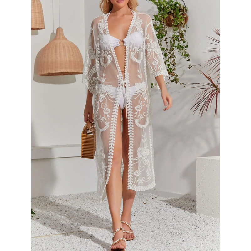 Lace Detail Open Front Longline Cover-Up White One Size
