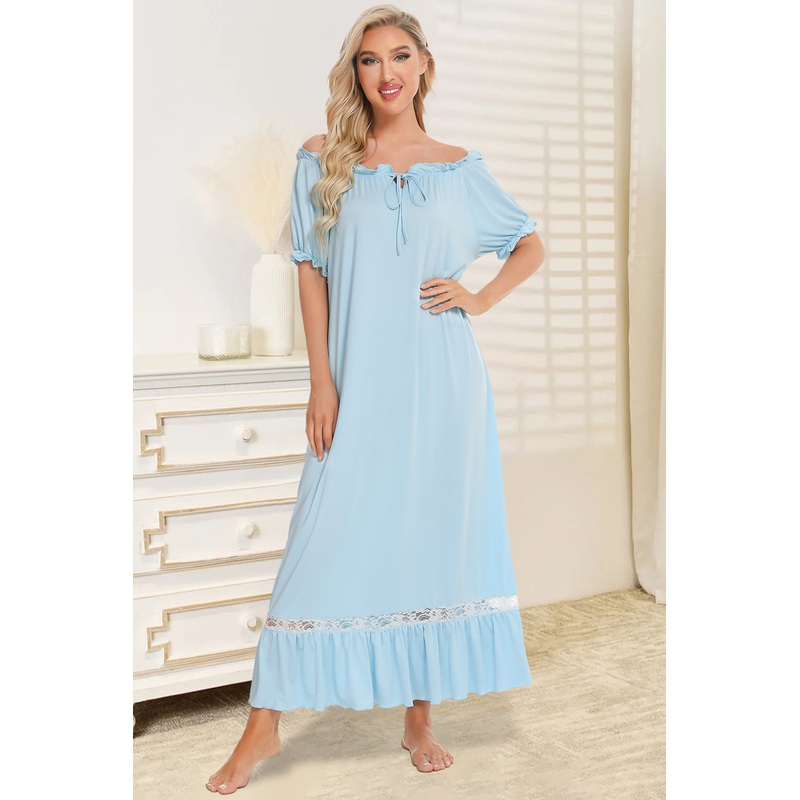 Lace Detail Short Sleeve Lounge Dress Light Blue S
