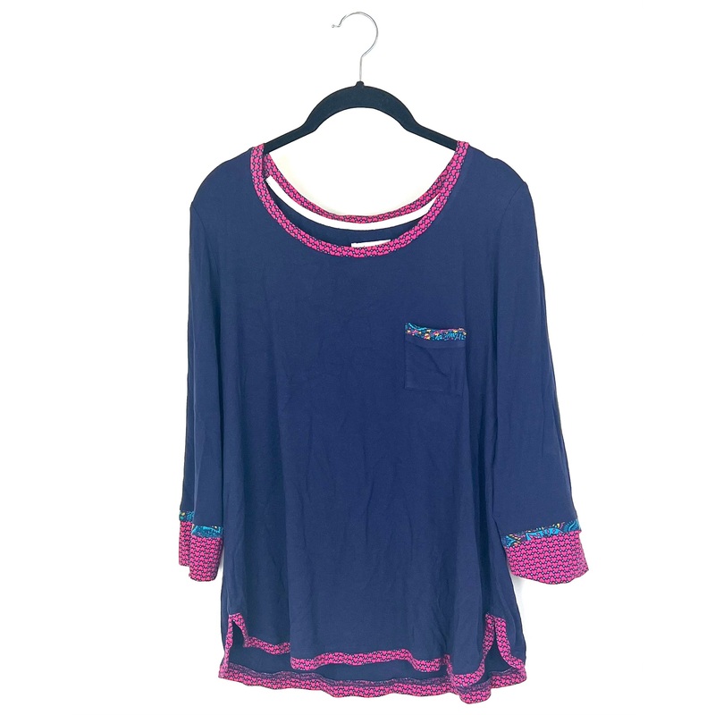 Navy Blue Long Sleeve Sleep Shirt with Patterned Trim – Small