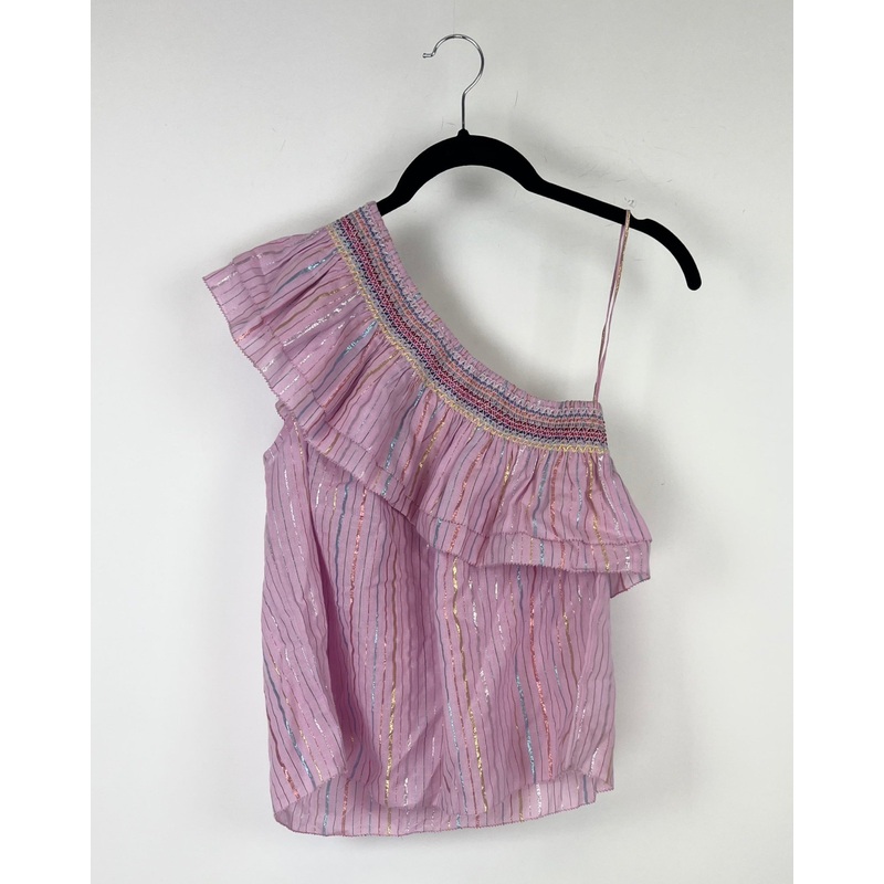 One Shoulder Pink Metallic Striped Blouse – Small