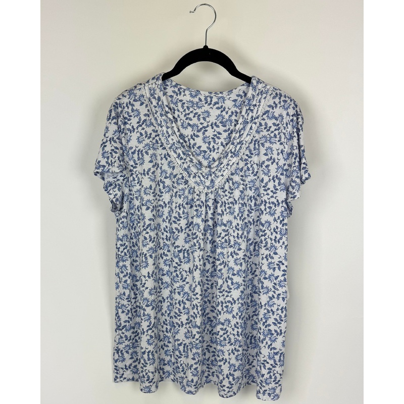 Blue and White Floral Pajama Top – Medium