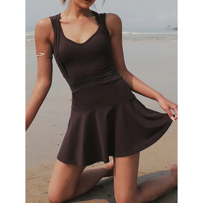 V-Neck Wide Strap Active Dress with Unitard Liner Black S