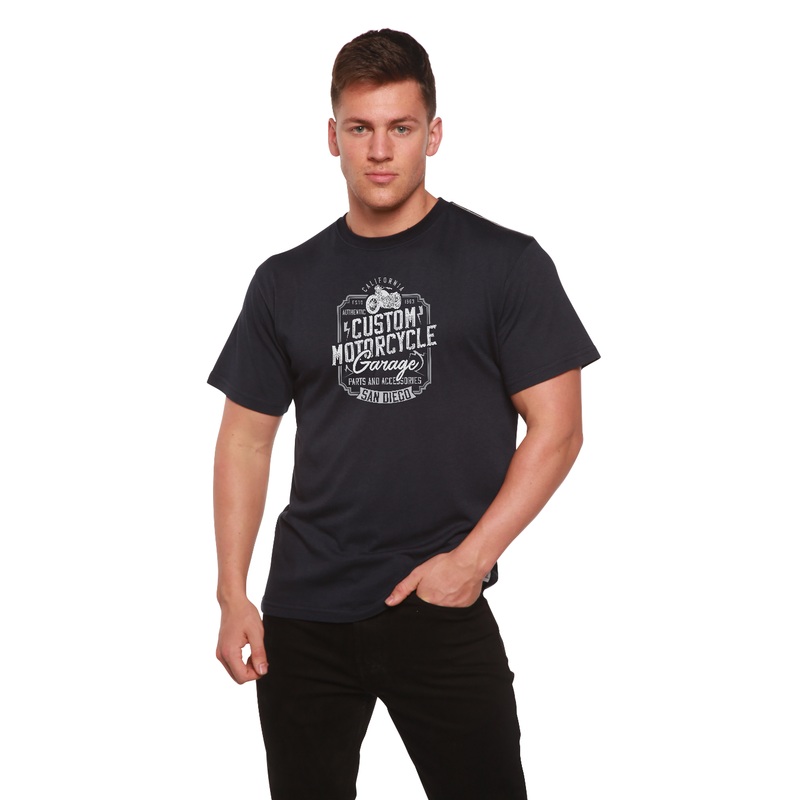 Mototrcycle Garage Men’s Bamboo Viscose/Organic Cotton Short Sleeve Graphic T-Shirt Medium Black