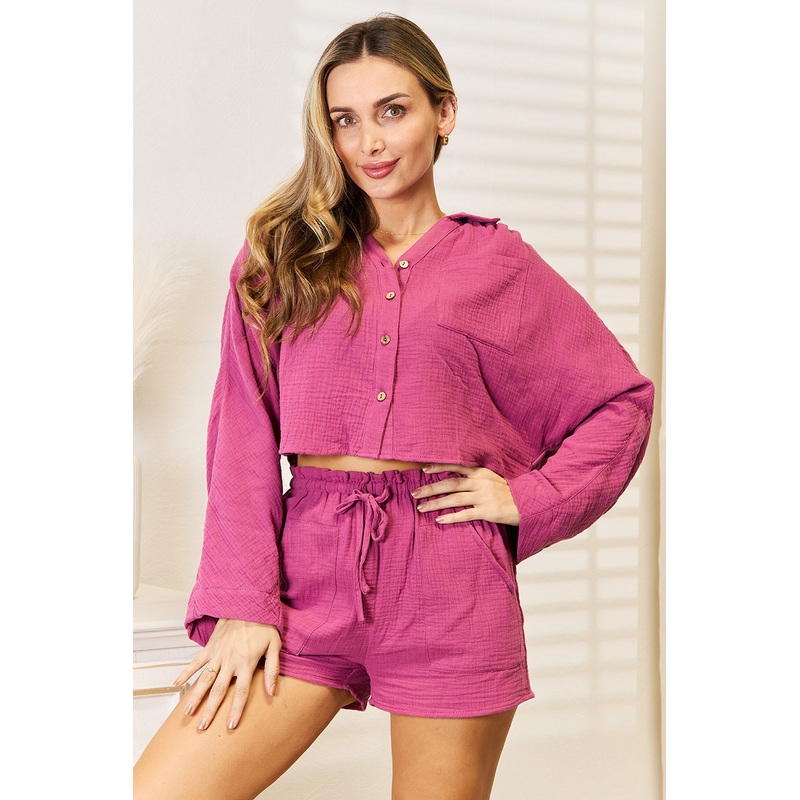 Basic Bae Buttoned Long Sleeve Top and Shorts Set Fuchsia S