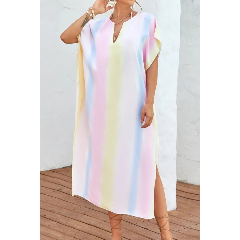 Slit Striped Notched Short Sleeve Cover Up Multicolor One Size