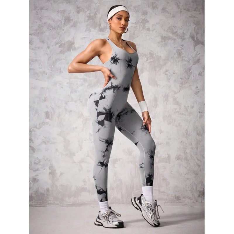 Back Crisscross Tie-Dye Scoop Neck Active Jumpsuit Gray S