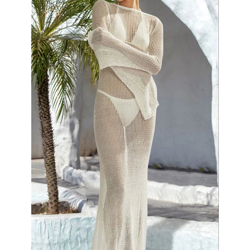 Openwork Backless Flare Sleeve Cover-Up Dress White S