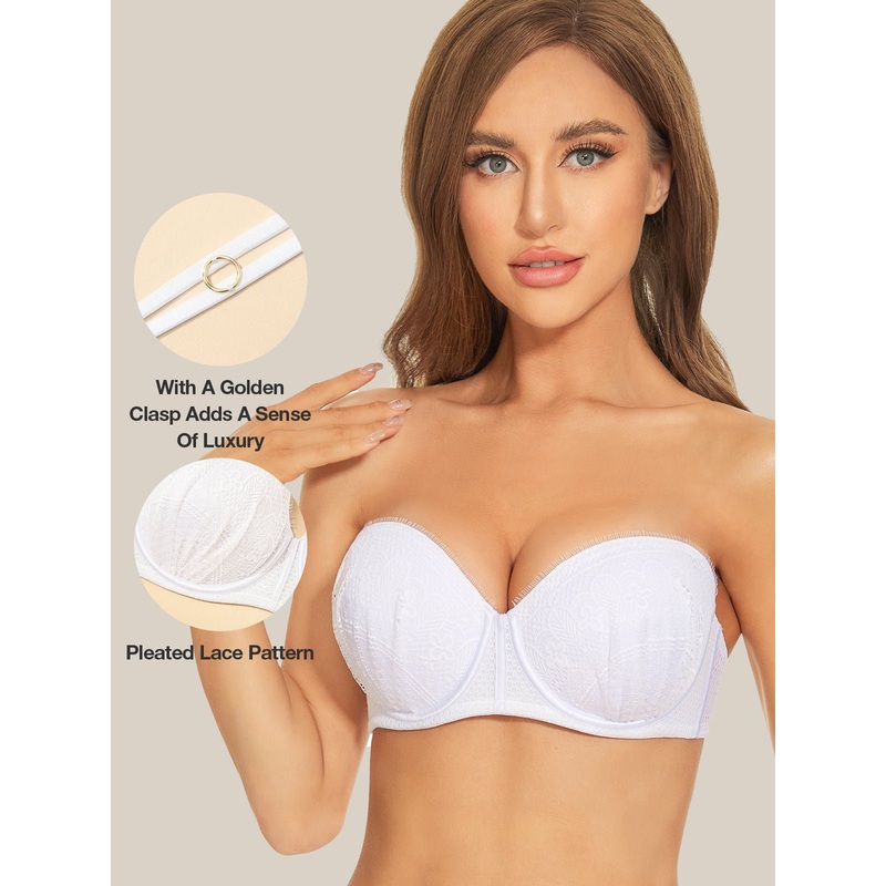 Push Up Full Figure Strapless Pleated Lace Multiway Bra White 32B/70B