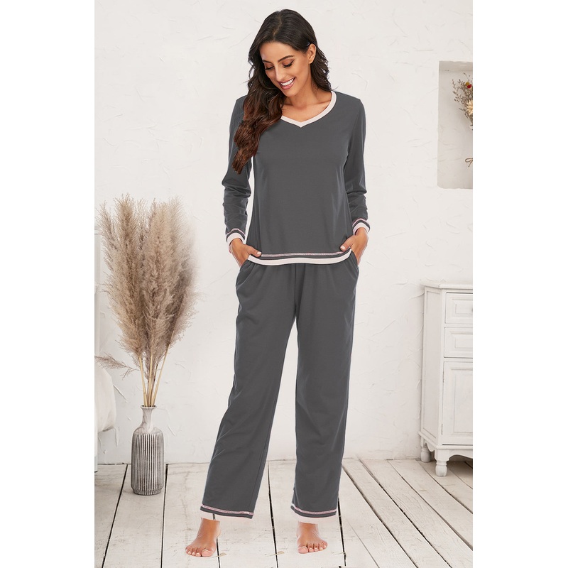 V-Neck Top and Pants Lounge Set Charcoal S