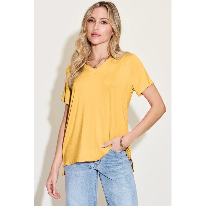 Basic Bae Bamboo Full Size V-Neck High-Low T-Shirt Yellow S