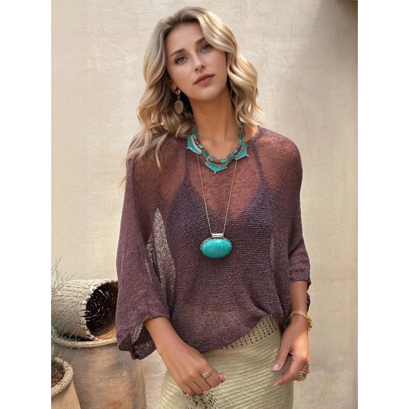 Round Neck Long Sleeve Cover-Up Mauve S