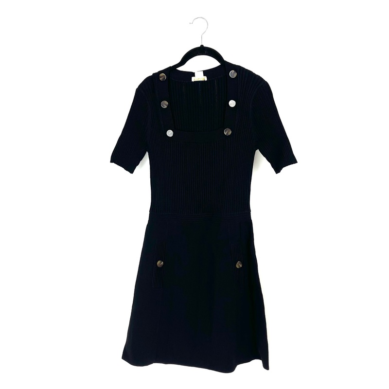 Black Ribbed Sheath Dress with Square Neckline – Medium