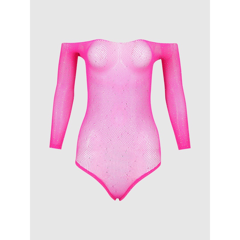 Fine Fishnet & Rhinestone Long Sleeve Teddy Bodystocking Pink Dragon OS