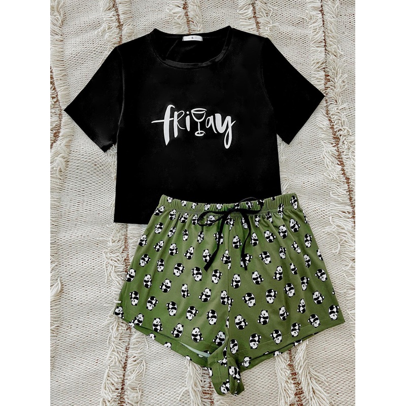 Graphic Tee and Panda Print Shorts Lounge Set Green S