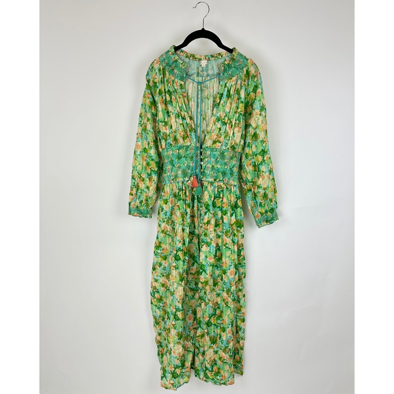 Green Floral V-Neck Dress – Small