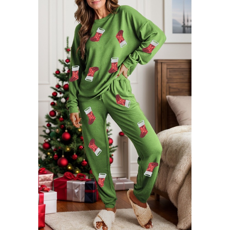 Sequin Socks Round Neck Long Sleeve Top and Pants Lounge Set Matcha Green S