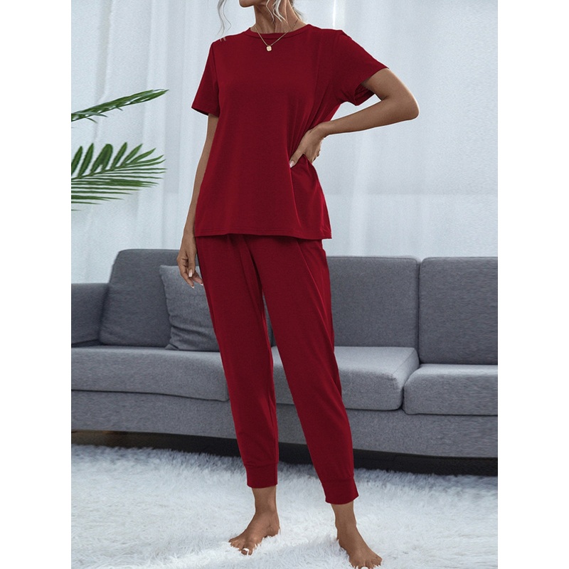 Shiny Round Neck Top and Pants Lounge Set Burgundy S