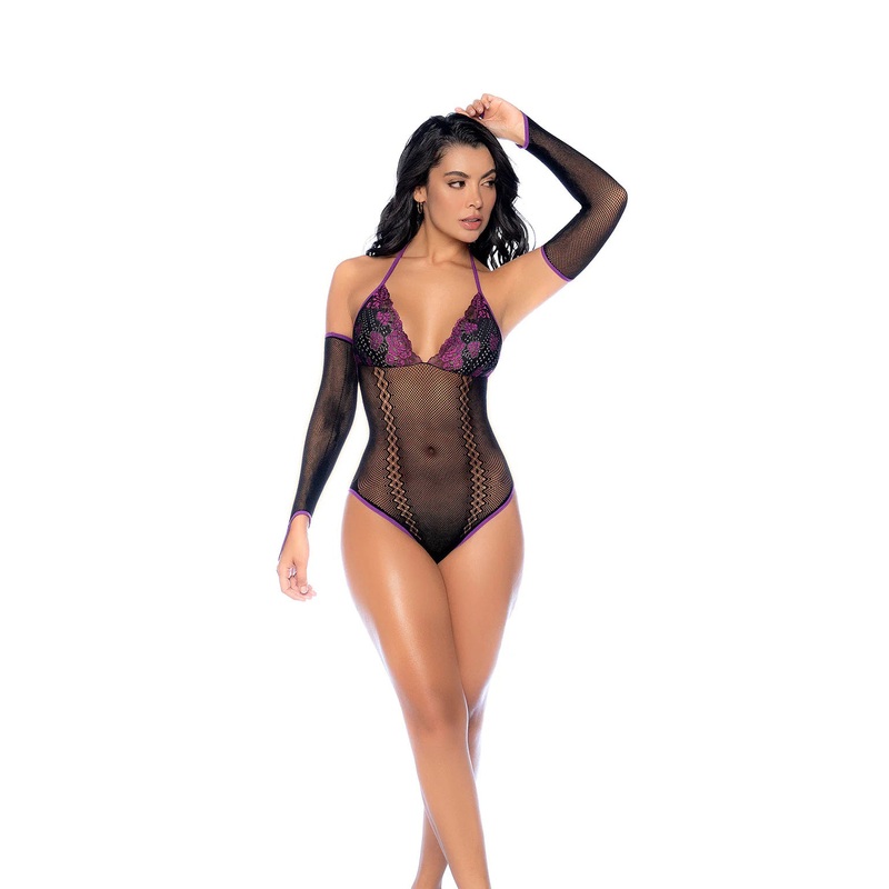 Whispered Lace Fishnet Bodysuit – Os – Black/purple