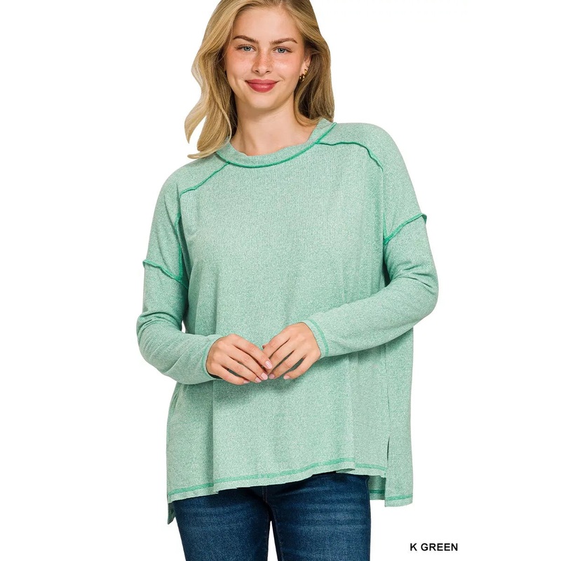 Zenana Full Size Melange Hacci Exposed Seam Hi-low Tee Plus Size K GREEN S/M