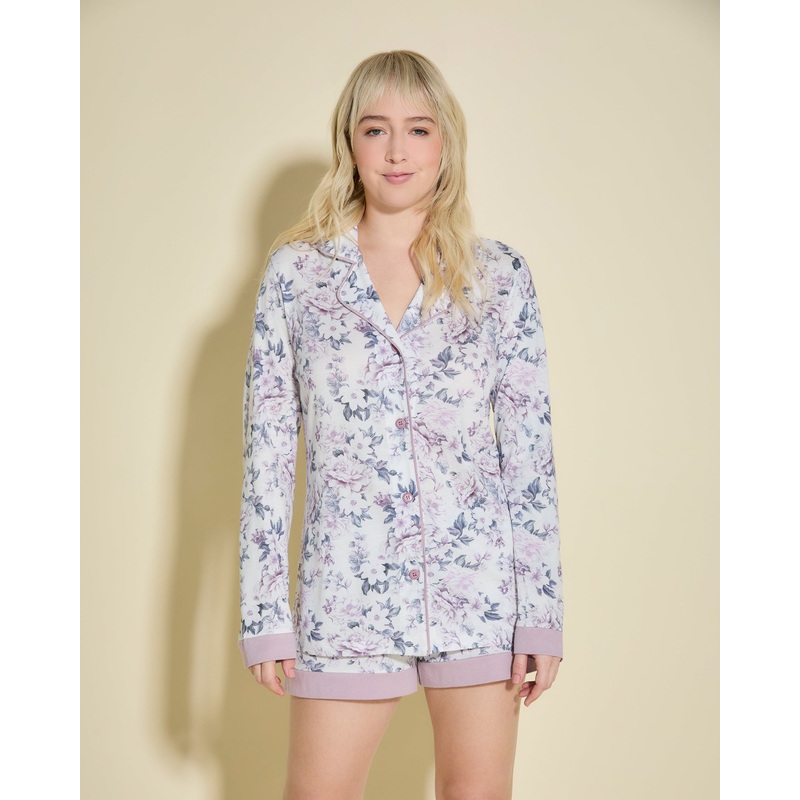 Bedrucktes Langrmeliges Top & Boxer Pyjama-Set Wallpaper Floral/Ivory XS