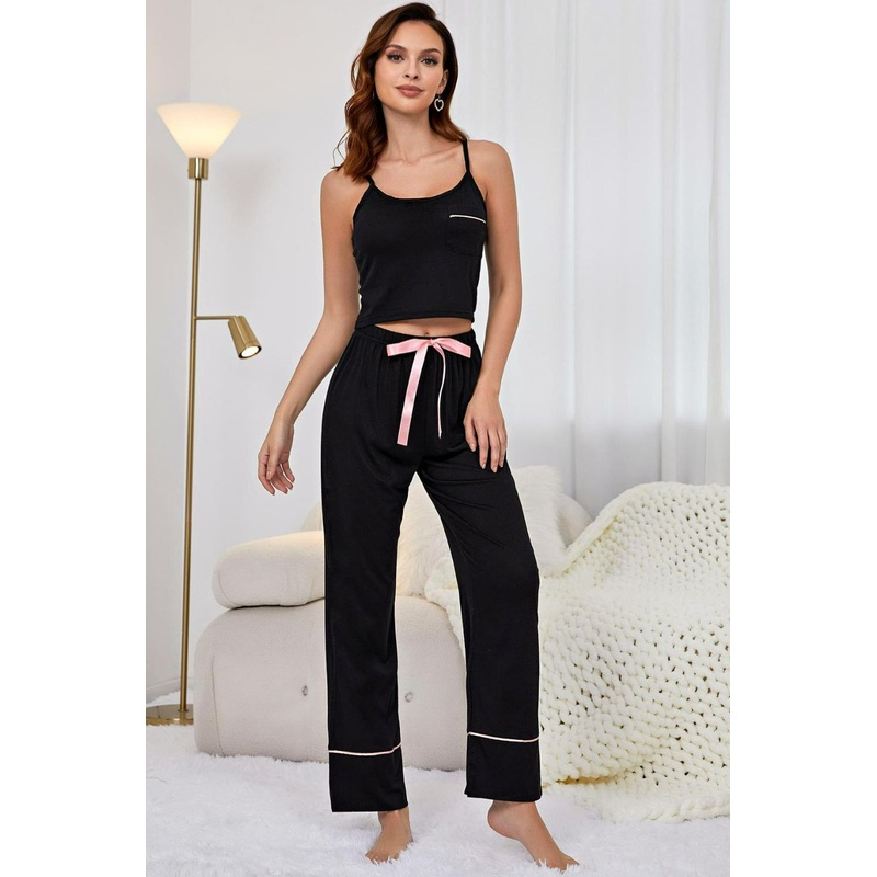 Contrast Trim Cropped Cami and Pants Loungewear Set Black S