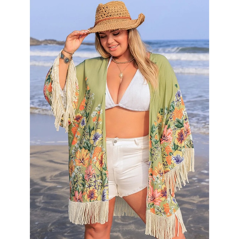 Plus Size Fringe Open Front Cover-Up Sage 0XL