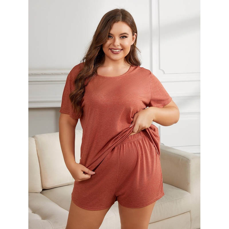 Plus Size Round Neck Short Sleeve Two-Piece Loungewear Set Rust 0XL
