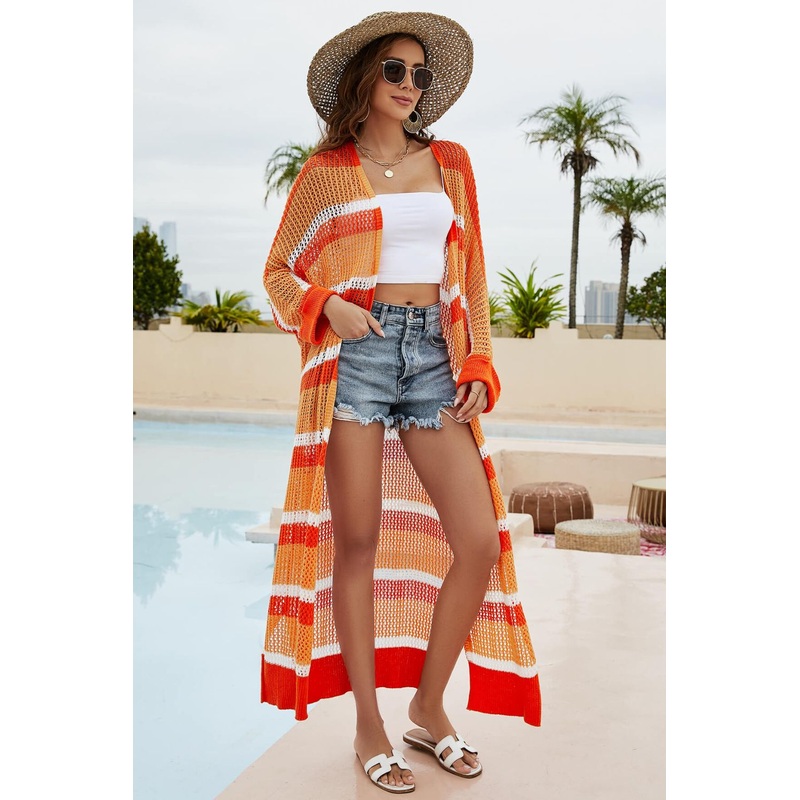 Striped Open Front Side Slit Duster Cover Up Orange S