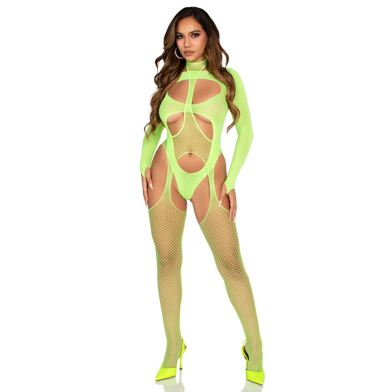 2 Pc Fishnet Suspender Lingerie Jumpsuit and Layered Opaque Teddy O/s – Neon Green