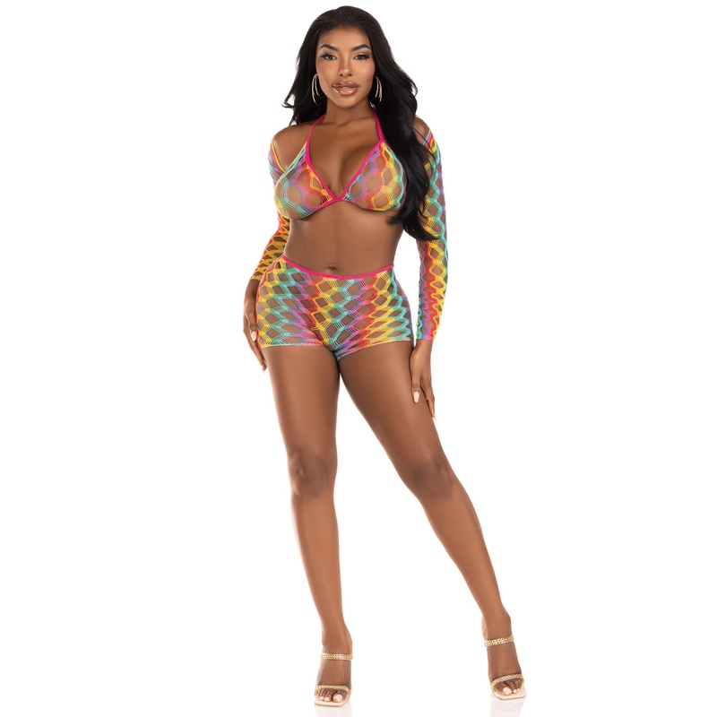 3 Pc Net Bra Top With Shrug and Boy Shorts – One Size – Multicolor