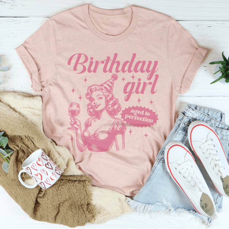 Birthday Girl Aged To Perfection Tee Heather Prism Peach S