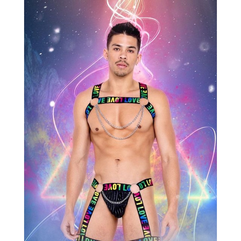 Mens Pride Thong with Attached Garters Small Black/Multi