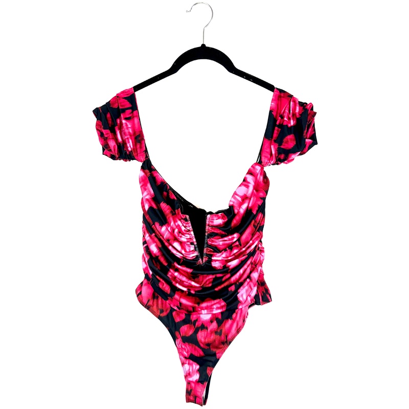 Pink Floral Off-The-Shoulder Ruched Bodysuit – Extra Small, Small, And Medium Extra Small