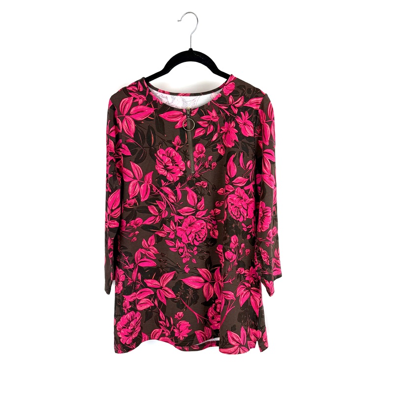Brown and Pink Floral Pattern Quarter Zip Top – Size 4/6