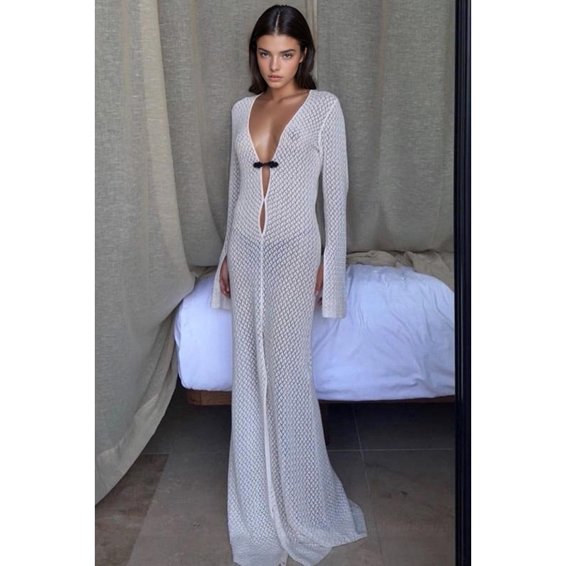White Long Sleeve Maxi Dress White Small