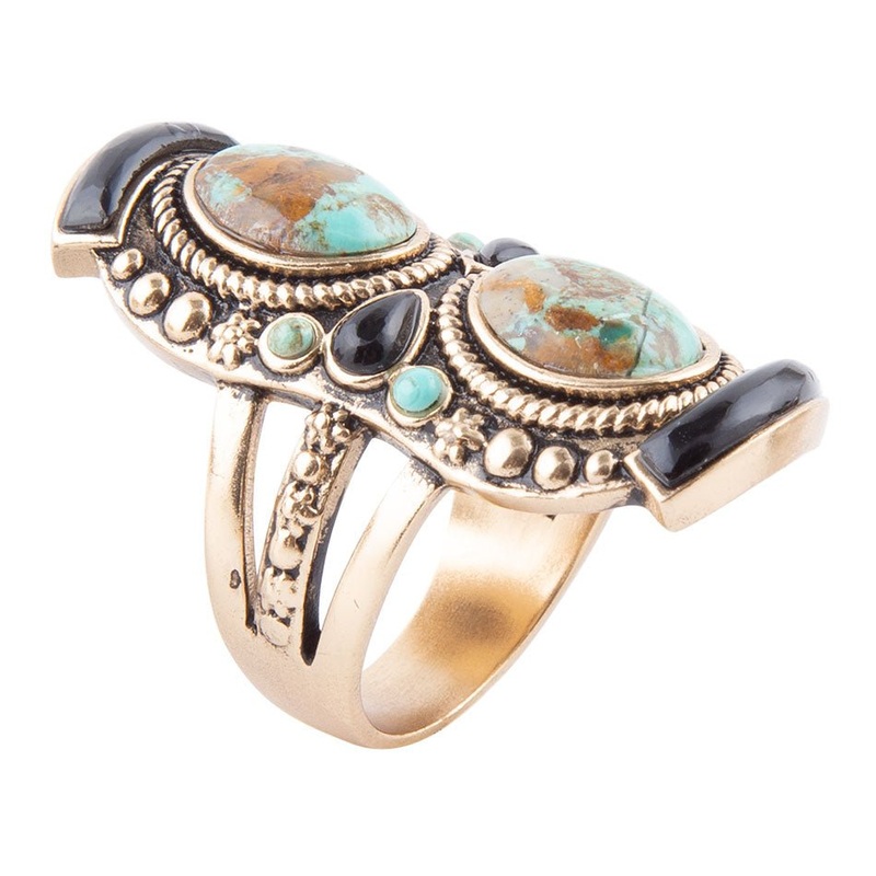 Double Up Blue Turquoise and Black Onyx Golden Ring 7