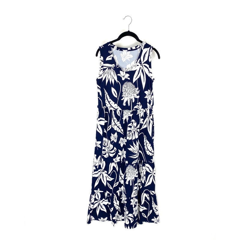 Navy Blue And White Floral Print Dress – Small/Medium