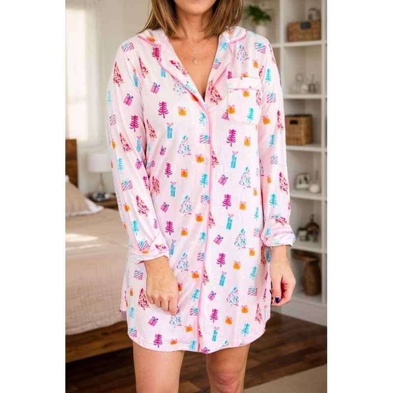 Printed Collared Neck Long Sleeve Lounge Dress Blush Pink S
