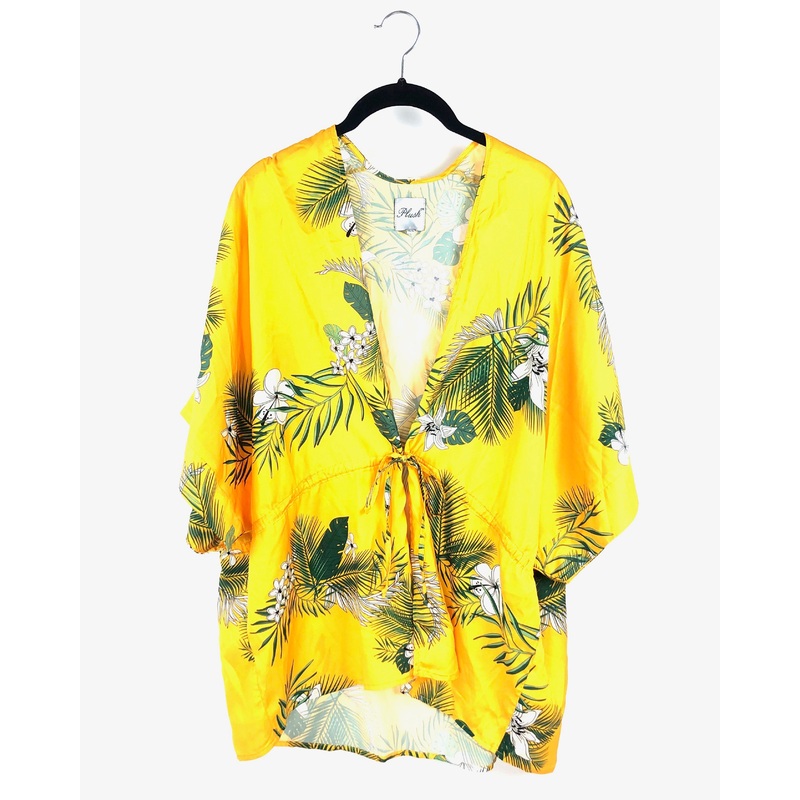 Yellow Floral Leaf Print Kimono – Small