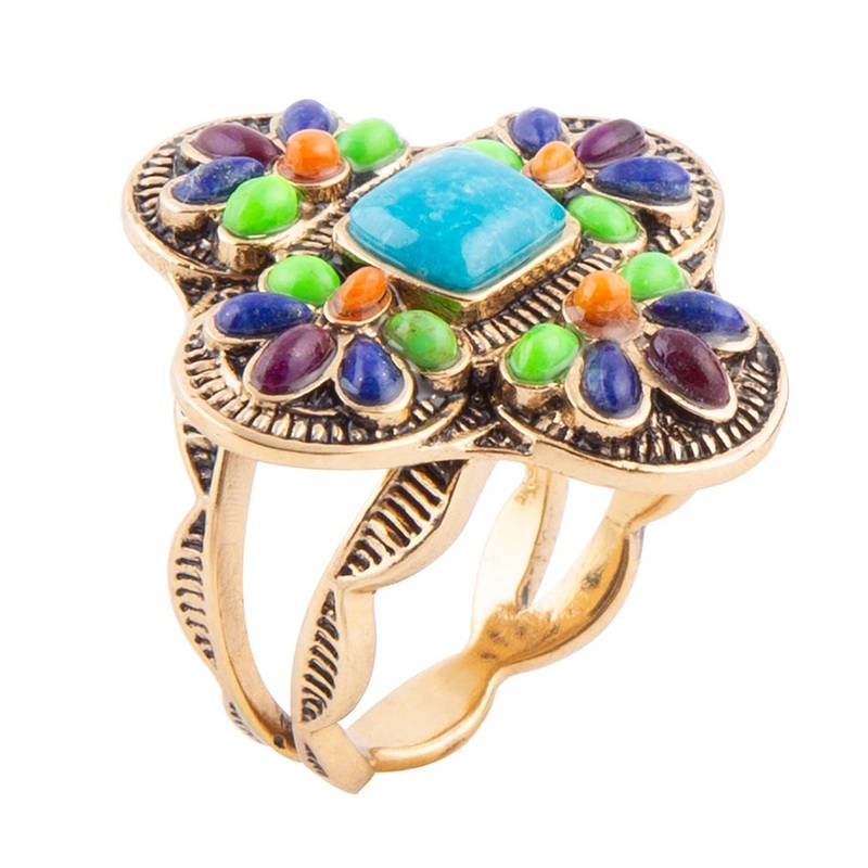 Zion Blue Turquoise Colorful Golden Cross Ring 7
