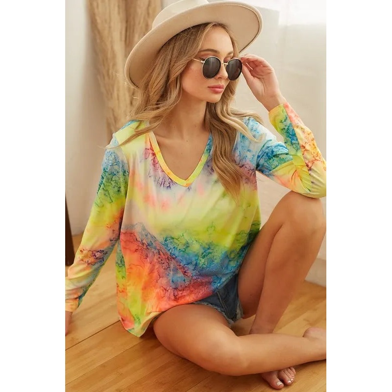 BiBi Tie Dye Long Sleeve V-Neck T-Shirt LIME MULTI S
