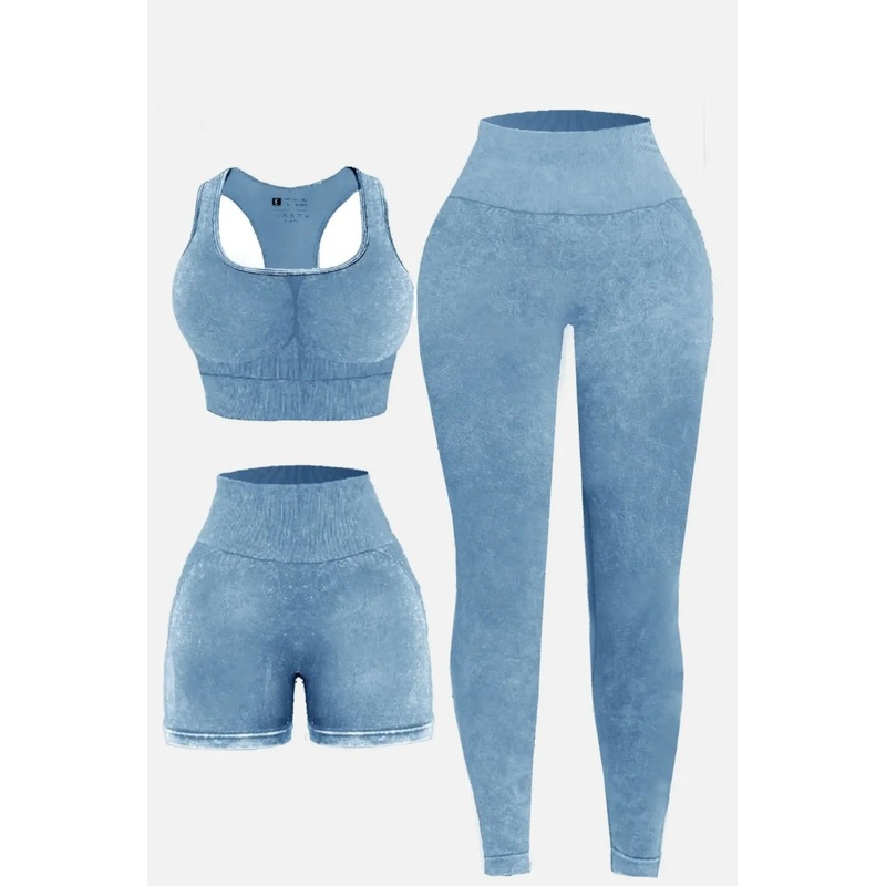 3 Piece Washed Square Neck Wide Strap Active Set Light Blue S